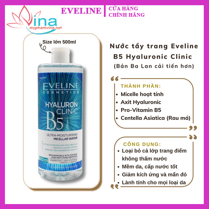 Nước tẩy trang Eveline Hyaluronic Clinic B5 dưỡng ẩm da 500ML 2