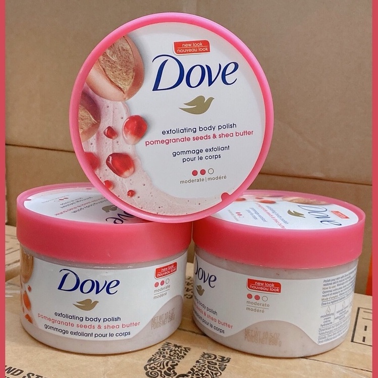 Tẩy tế bào chết Dove Exfoliating Body Polish Scrub 298g - HẠT MỠ VÀ HẠT LỰU 1