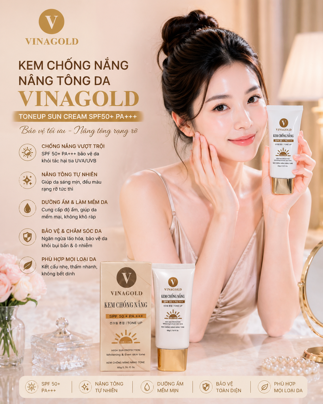 Kem chống nắng nâng tông da VINAGOLD TONEUP SUN CREAM SPF PA+++ 60ML 1