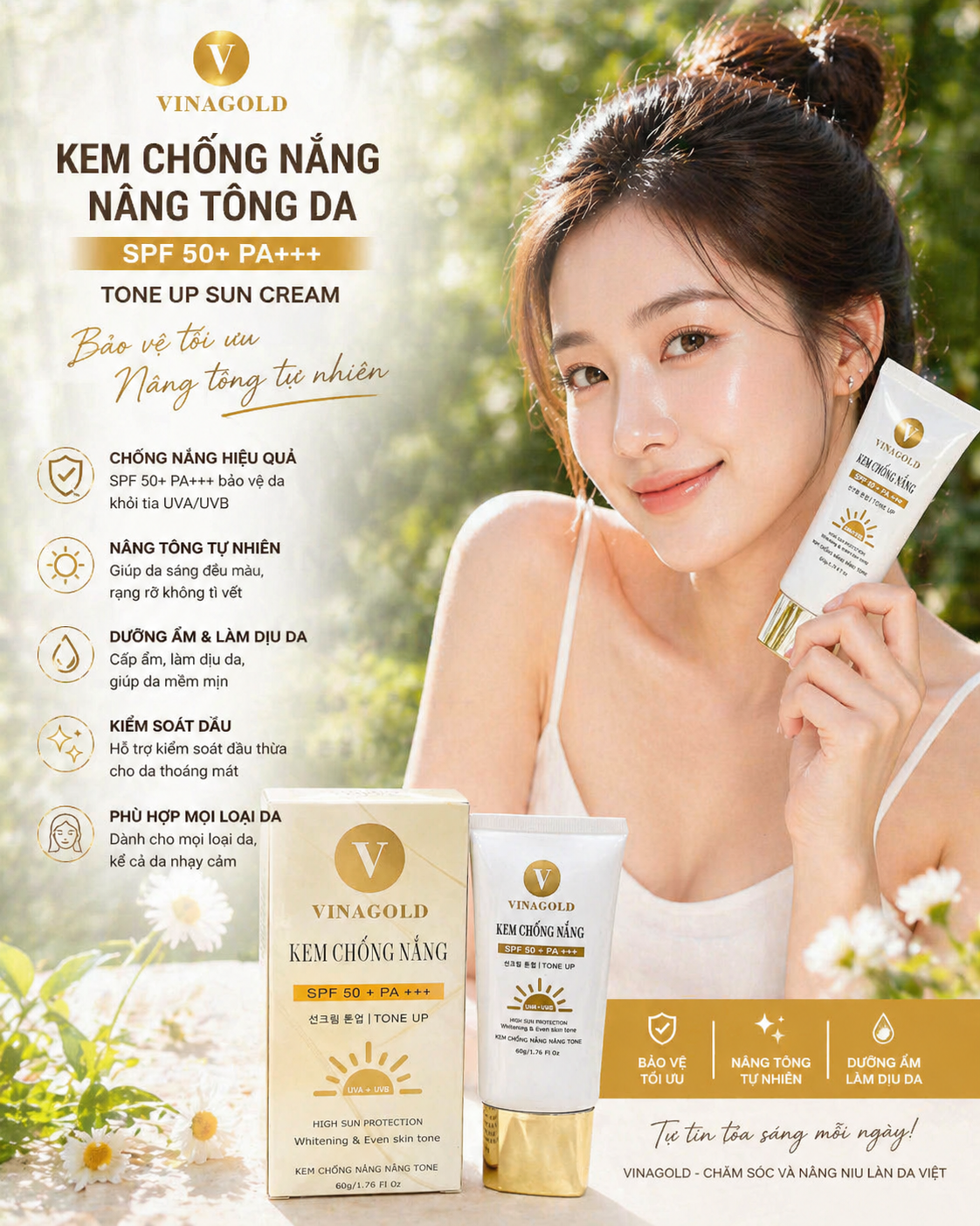 Kem chống nắng nâng tông da VINAGOLD TONEUP SUN CREAM SPF PA+++ 60ML 2
