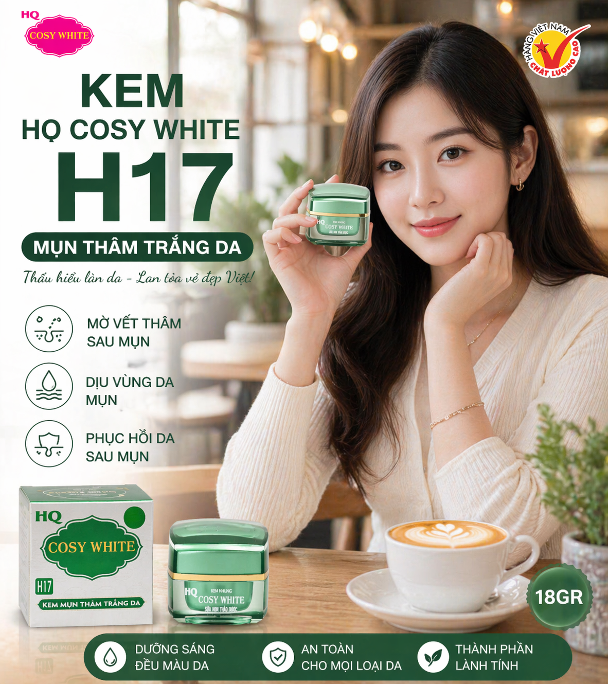 kem HQ Cosy White H17 sạch mụn thâm dưỡng da 18gr 2