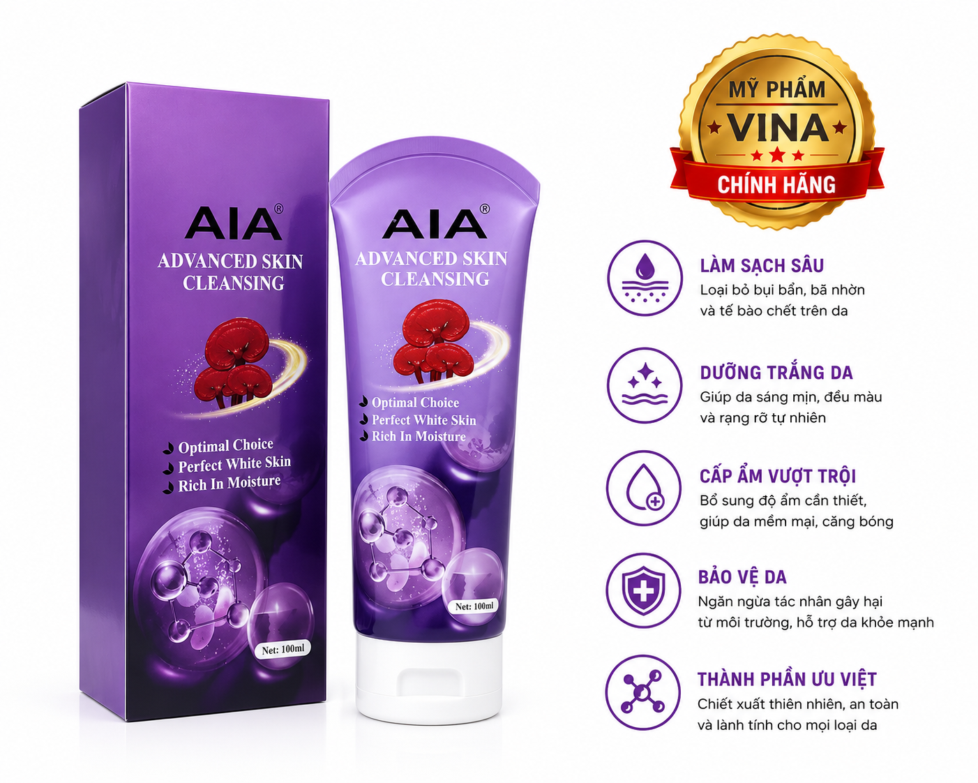 Sữa rửa mặt dưỡng trắng da  AIA - Linh Chi  100ml ( màu tím) 1