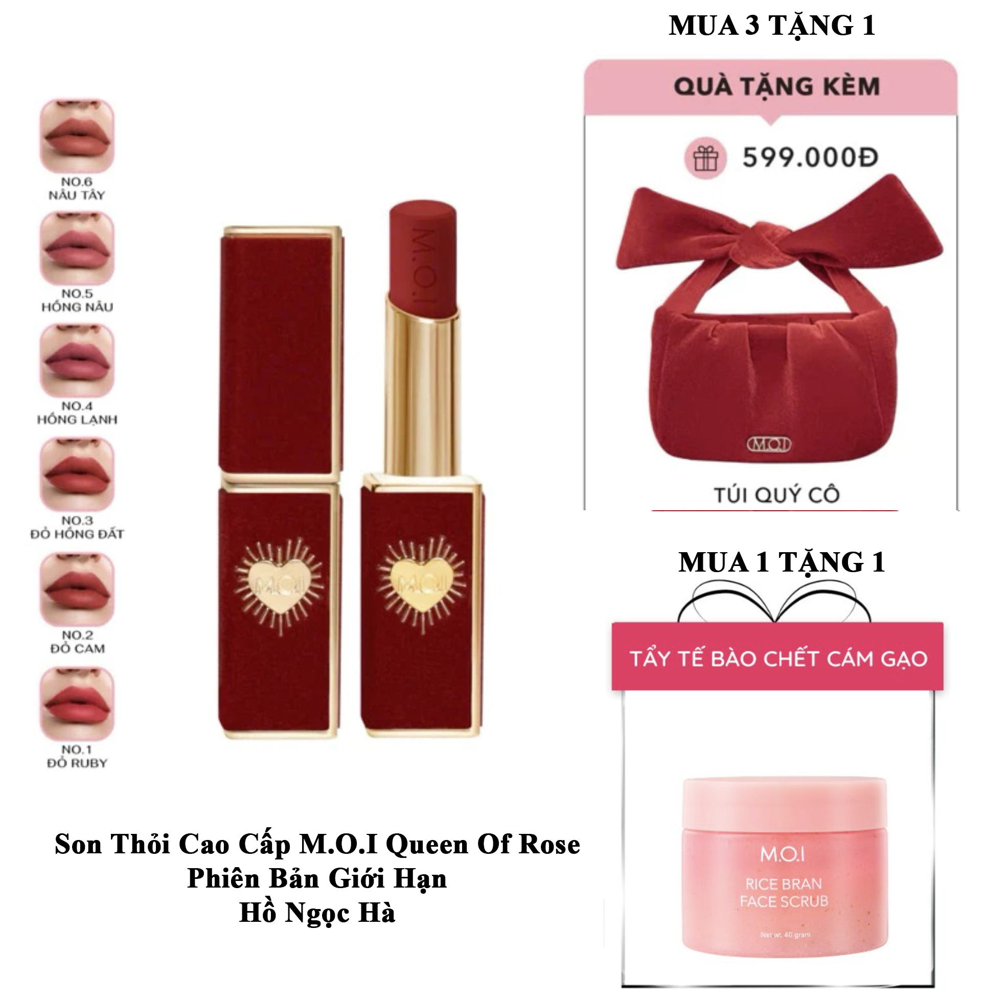 Son Thỏi Cao Cấp Queen Of Rose #1 Đỏ ruby (tặng hủ tẩy tbc cám gạo) - M.O.I COOSMETIC HỒ NGỌC HÀ	 1