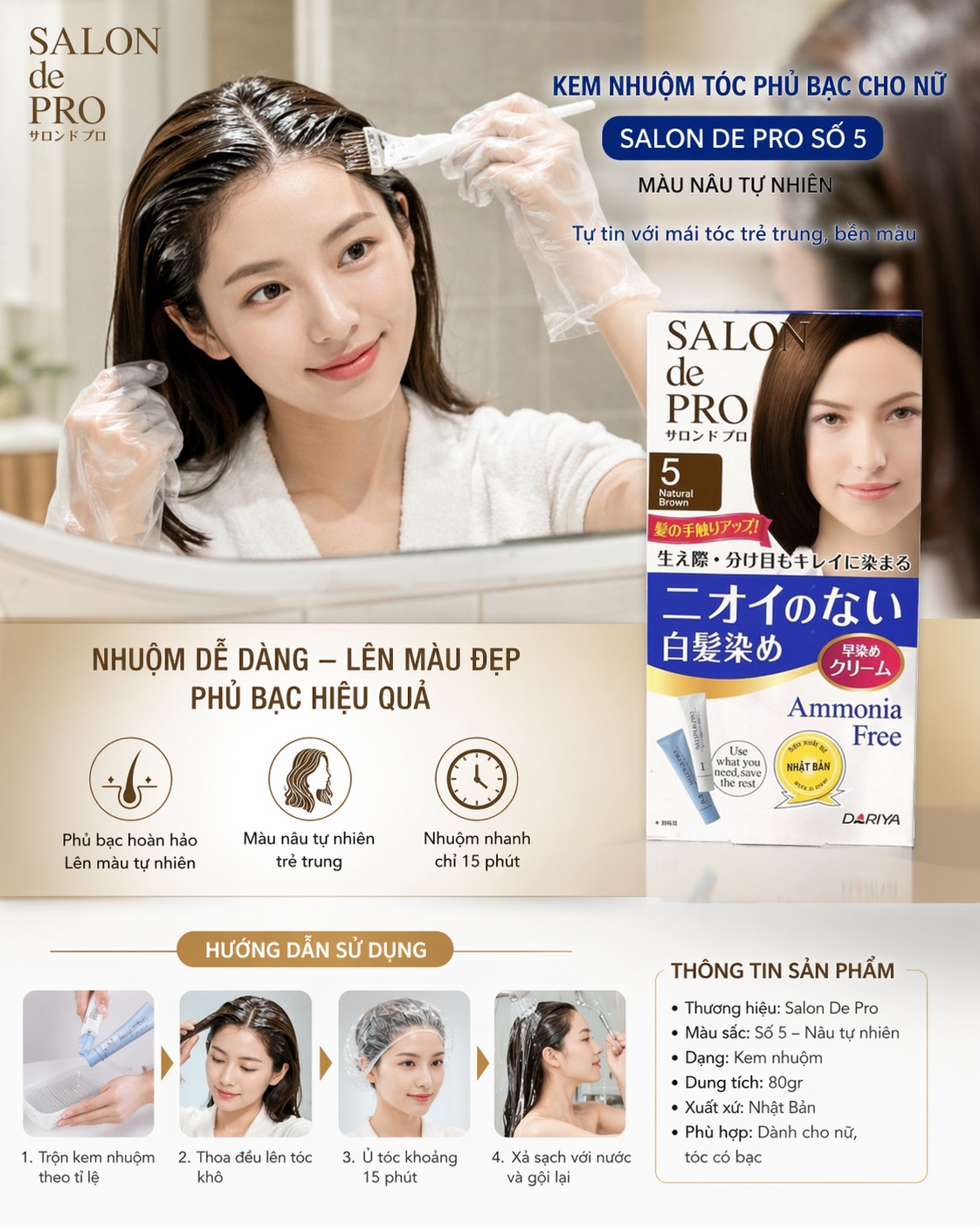 Kem Nhuộm Tóc Phủ Bạc Cho Nữ Salon De Pro Số 5 Màu Nâu Tự Nhiên 80gr 1