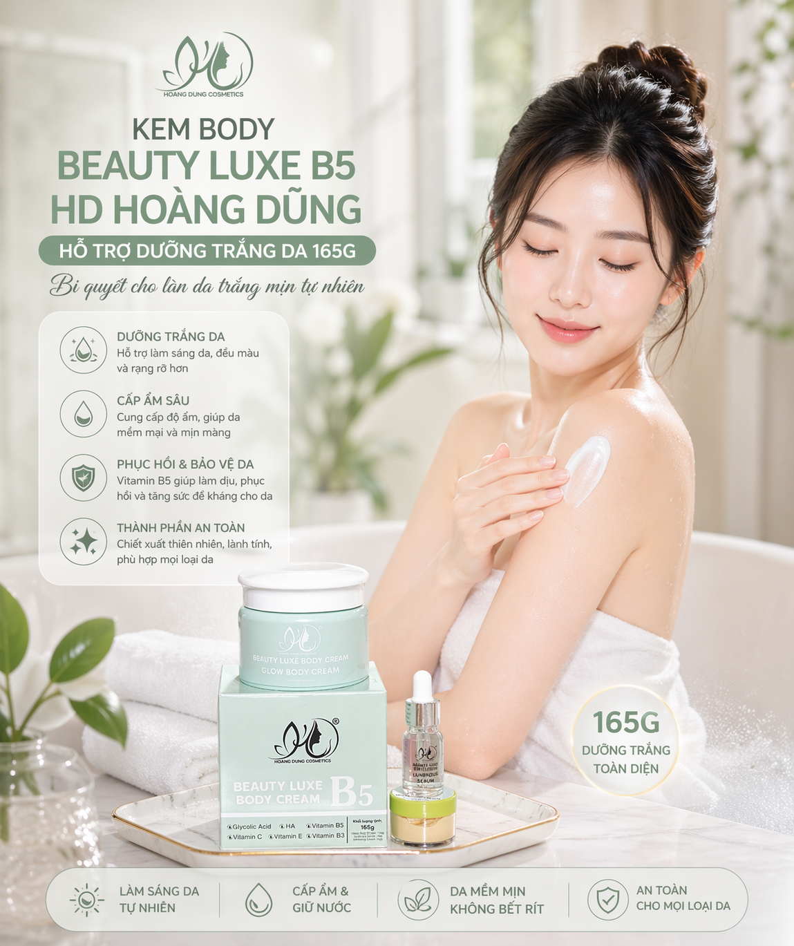 (Xanh) KEM BODY BEAUTY LUXE B5 HD HOÀNG DŨNG HỖ TRỢ DƯỠNG TRẮNG DA 165G 1
