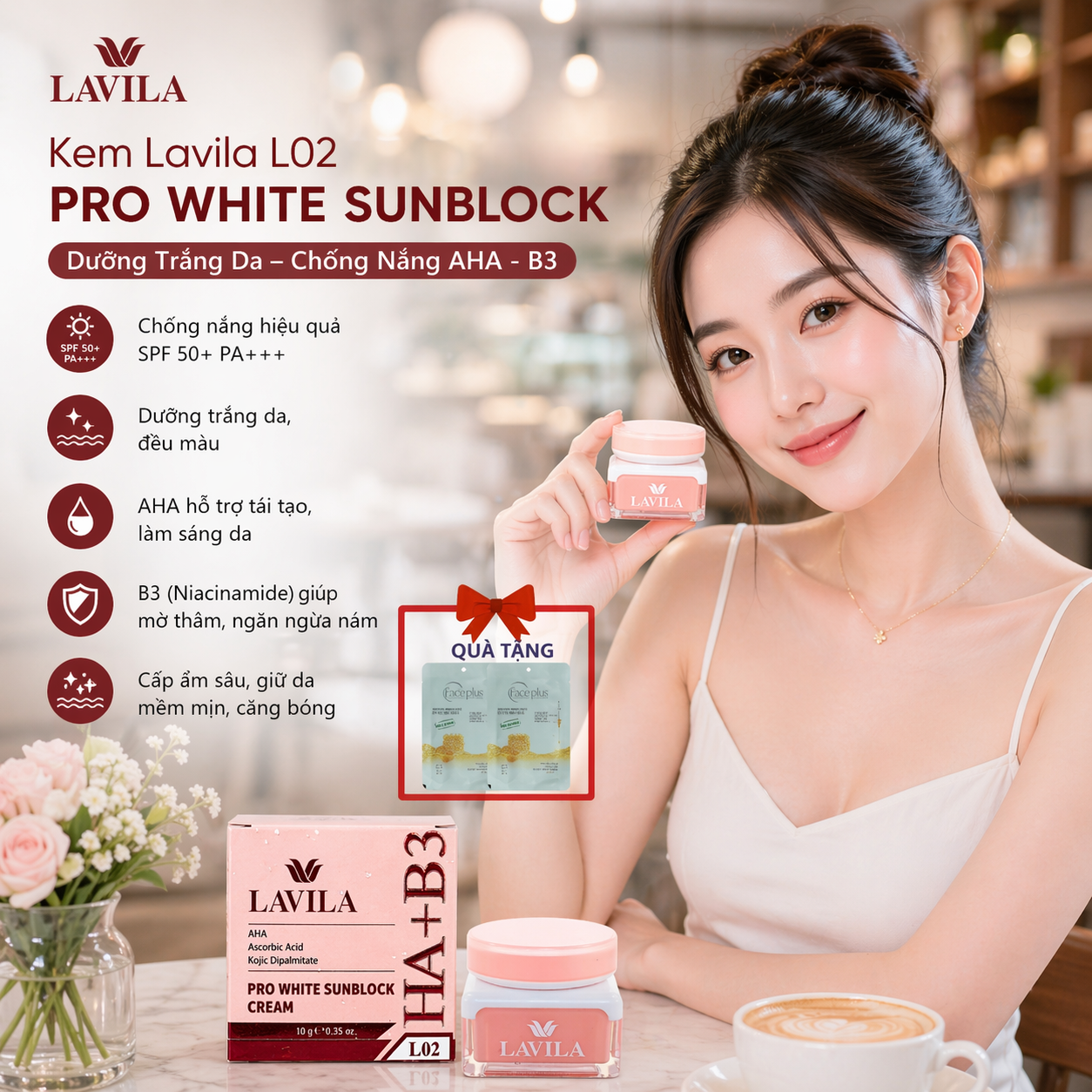 Kem Lavila L02 Dưỡng Trắng Da Chống Nắng AHA-B3 10GR (tặng mặt nạ) 2