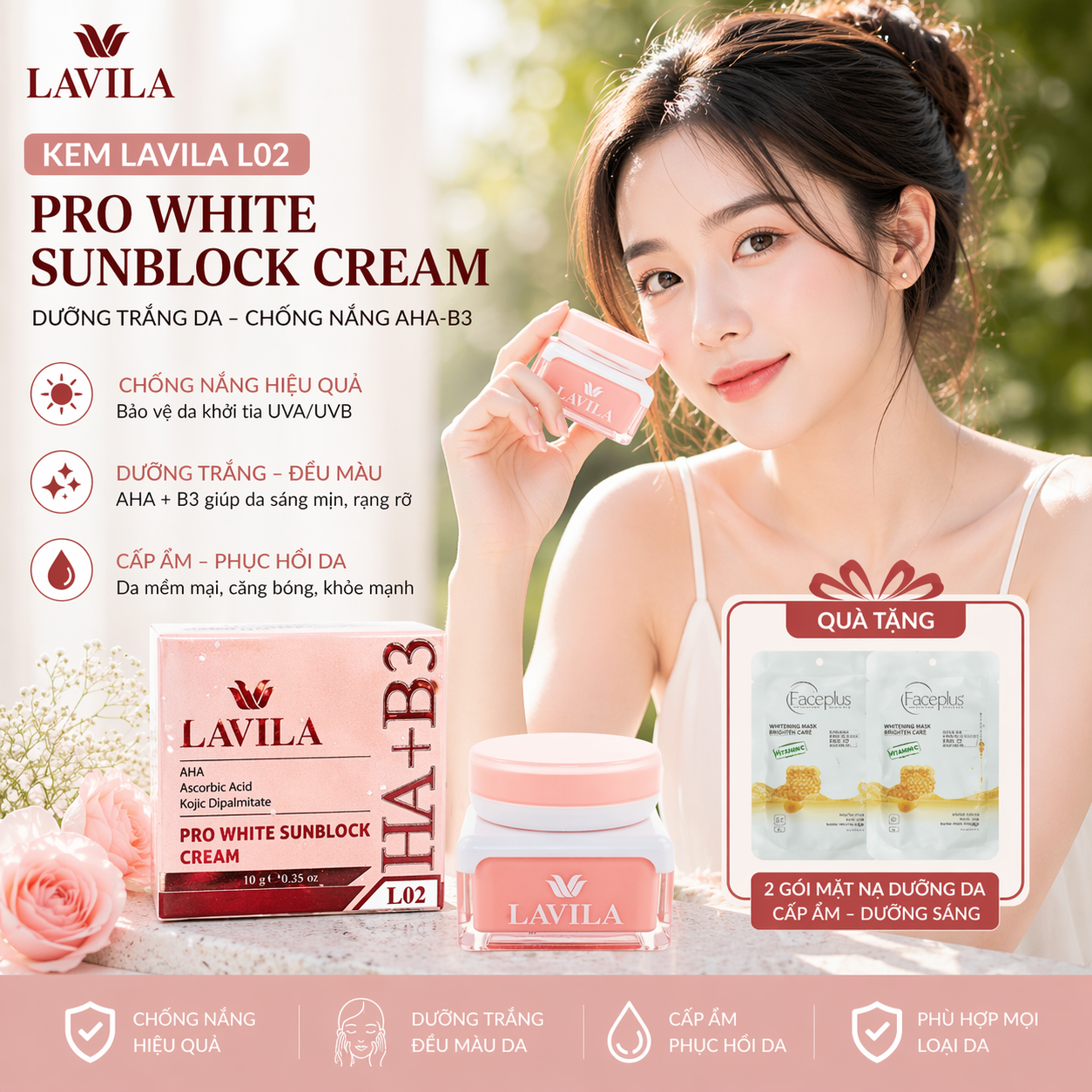 Kem Lavila L02 Dưỡng Trắng Da Chống Nắng AHA-B3 10GR (tặng mặt nạ) 1