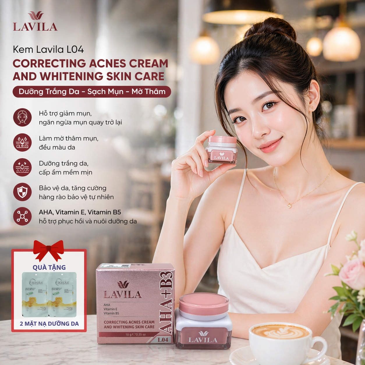 Kem Lavila L04 Correcting Acnes Cream And Whitening Skin Care - Dưỡng Trắng Da Sạch Mụn 10GR (tặng mặt nạ) 2
