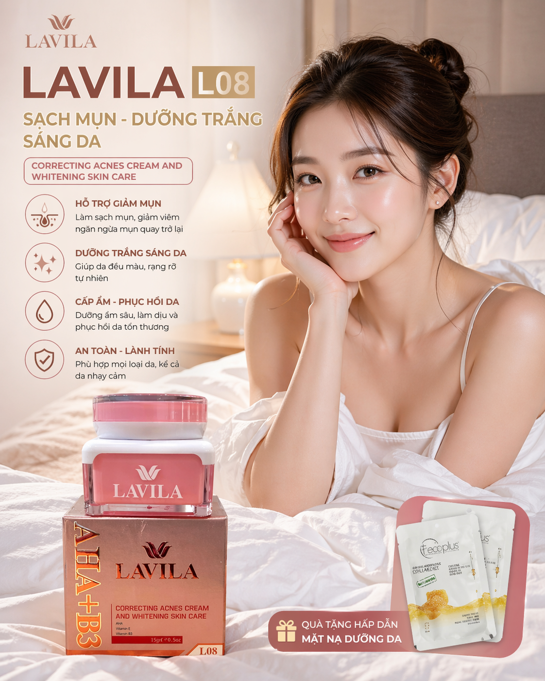 Kem LAVILA L08 Sạch Mụn Và Dưỡng Trắng Sáng Da 15gr - Correcting Acnes Cream And Whitening Skin Care (tặng mặt nạ) 1