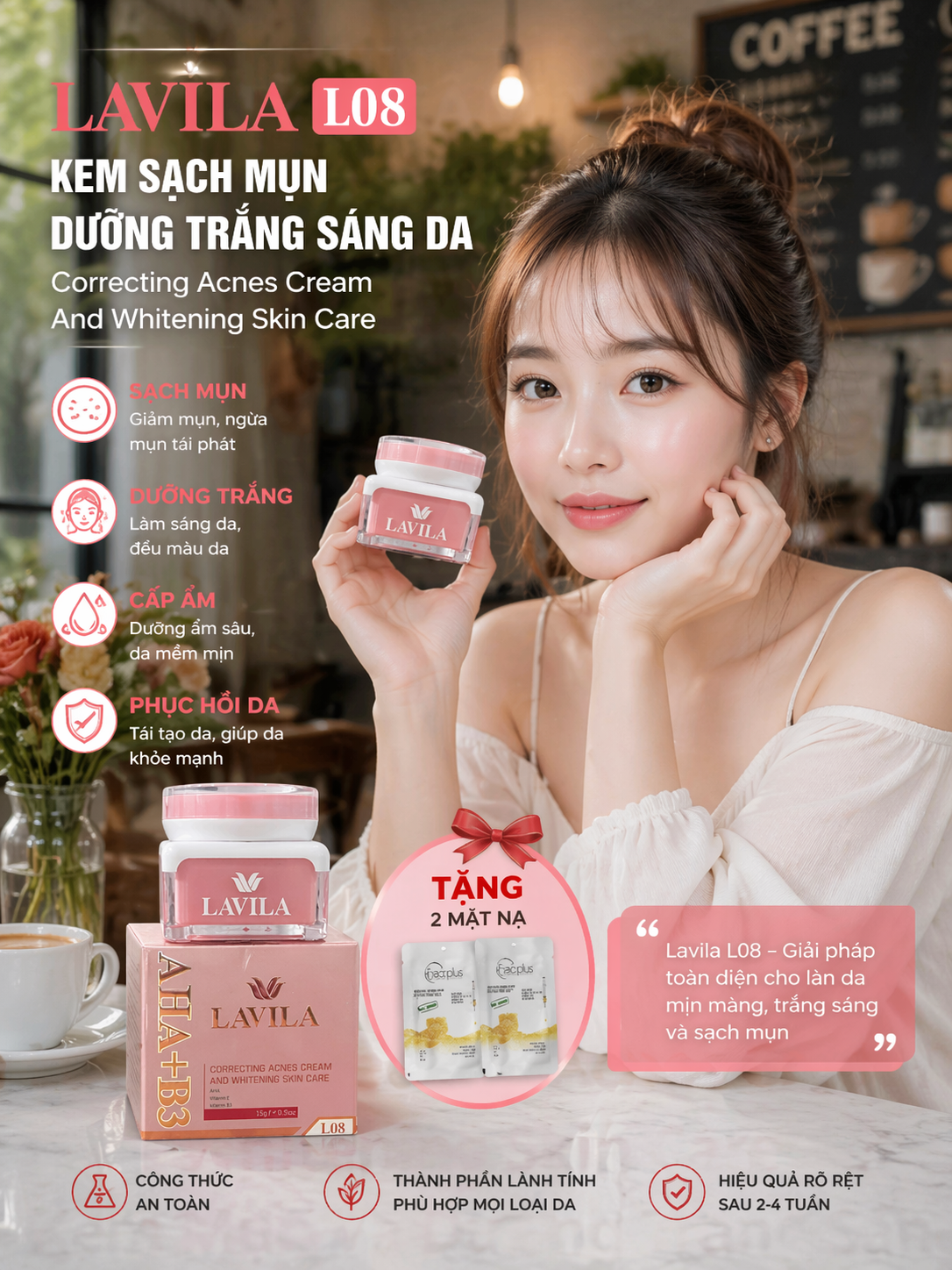 Kem LAVILA L08 Sạch Mụn Và Dưỡng Trắng Sáng Da 15gr - Correcting Acnes Cream And Whitening Skin Care (tặng mặt nạ) 2