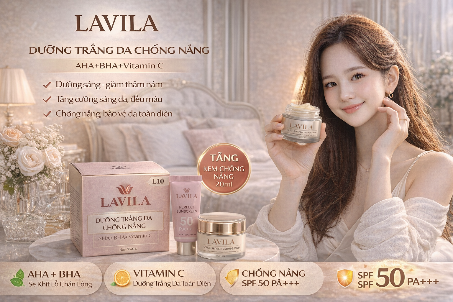Kem Lavila L10 Dưỡng Trắng Da Chống Nắng AHA-BHA-Vitamin C 25GR - Tặng kem chống nắng 20ml 2