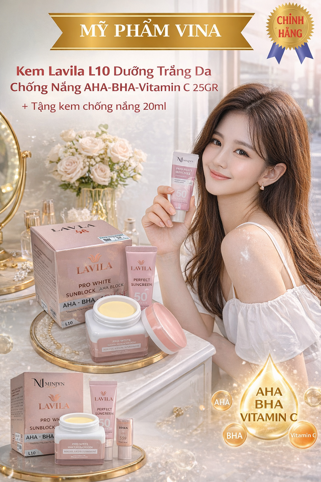 Kem Lavila L10 Dưỡng Trắng Da Chống Nắng AHA-BHA-Vitamin C 25GR - Tặng kem chống nắng 20ml 1
