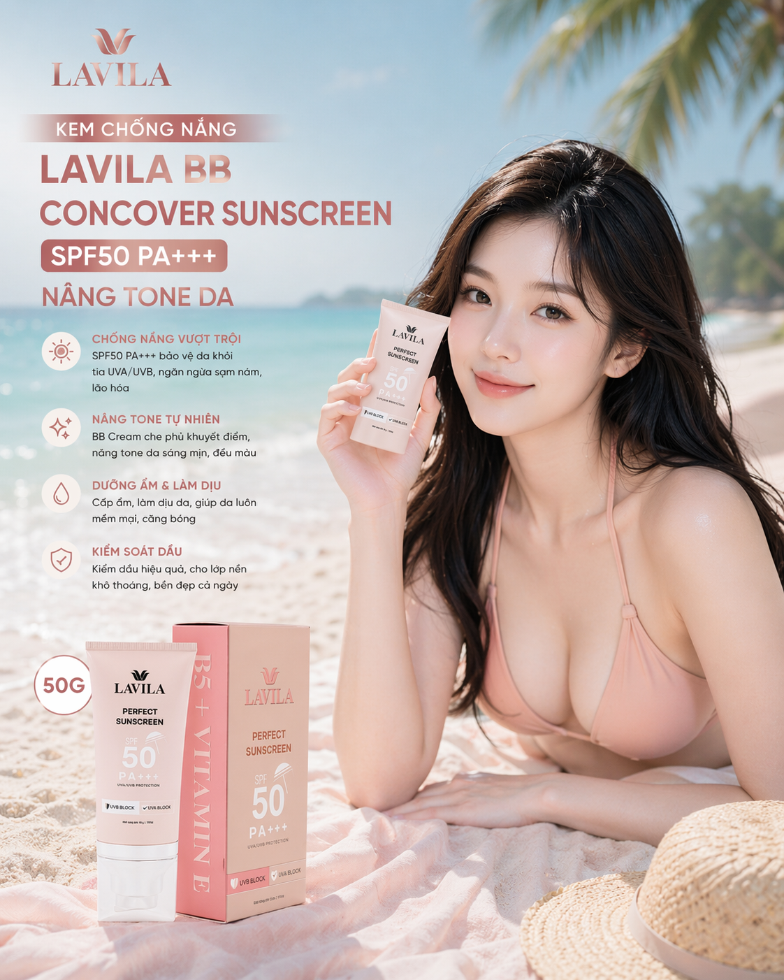 Kem Chống Nắng Lavila BB Concover Sunscreen SPF50 PA+++ Nâng Tone Da 50G 1