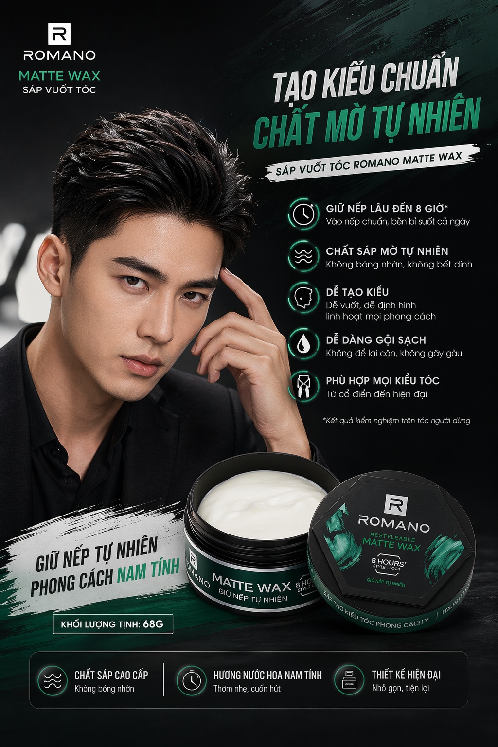 Sáp Vuốt Tóc Romano Restyleable Matte Wax Giữ Nếp Tự Nhiên 68g - XANH LÁ 1