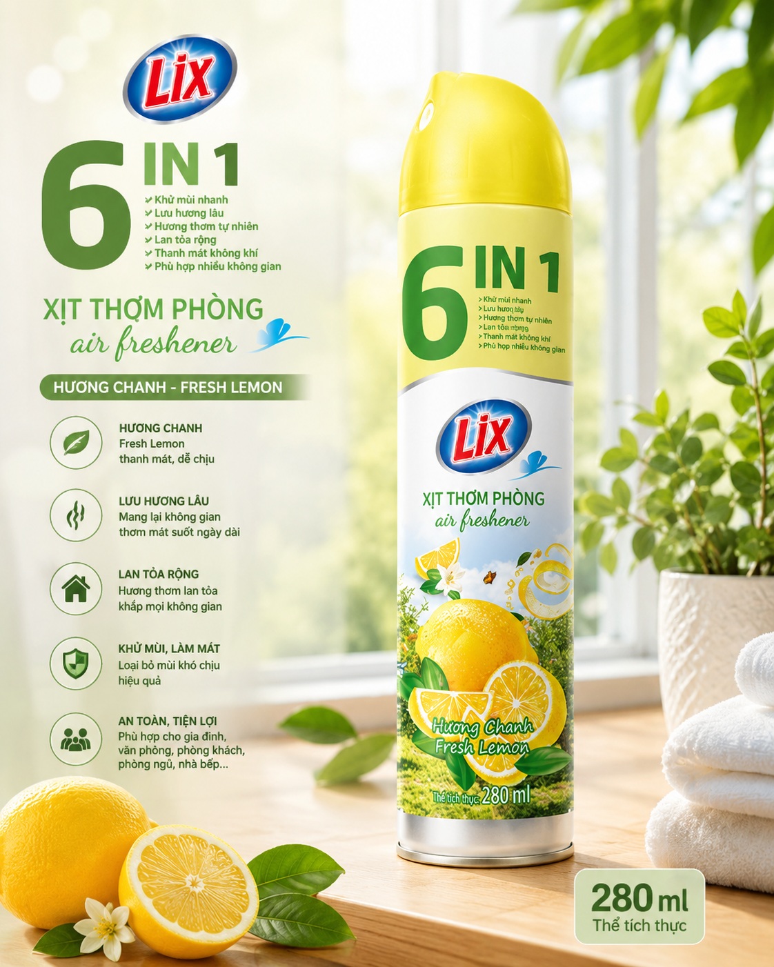 XỊT THƠM PHÒNG LIX 280ML - HƯƠNG CHANH